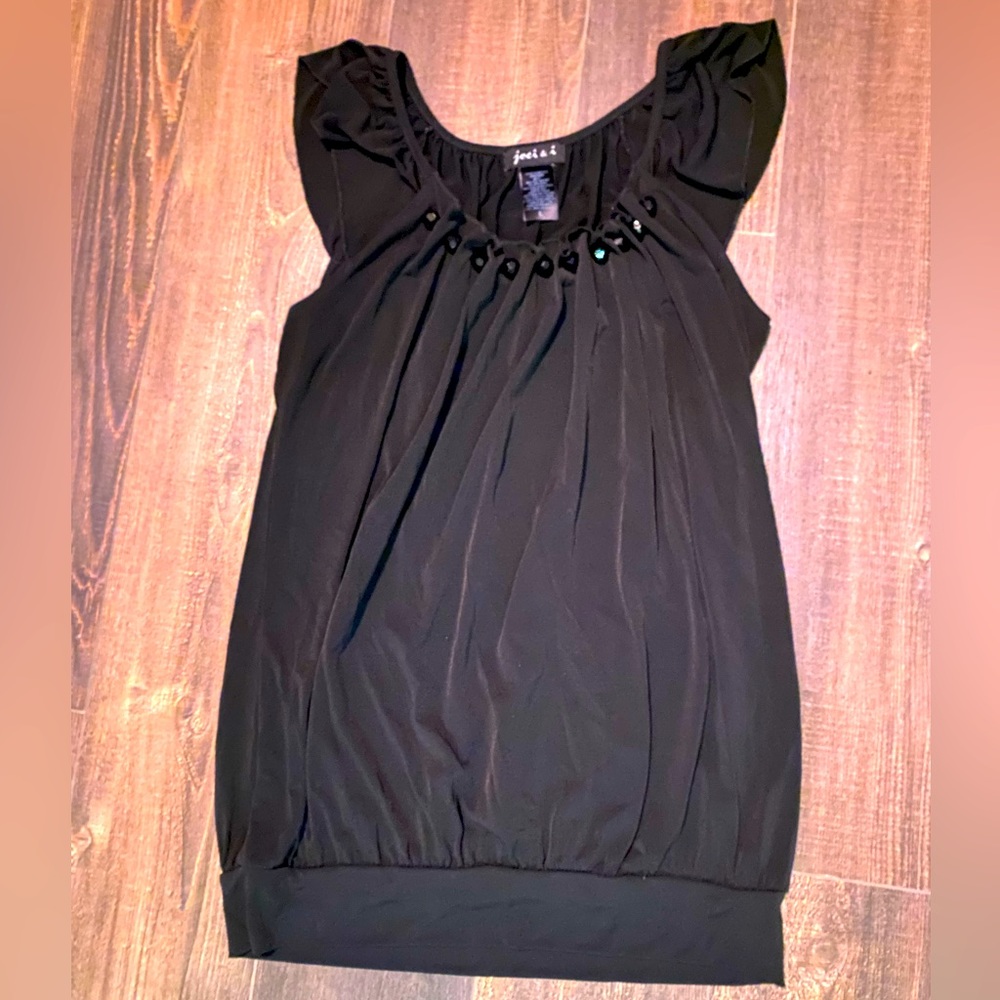 Sleeveless black dress top, bead detail around a scoop neck- women’s size large